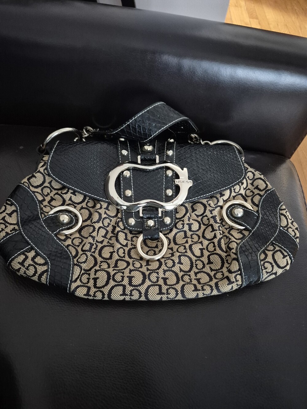 Y2K Guess Beige Monogram Canvas Shoulder Bag with Black Trim